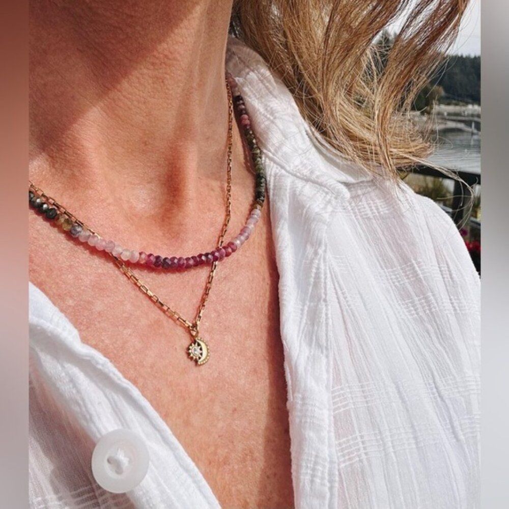 Watermelon Tourmaline Beaded Necklace Pink Green Ombre Gemstone Healing Jewelry - Picture 3 of 16